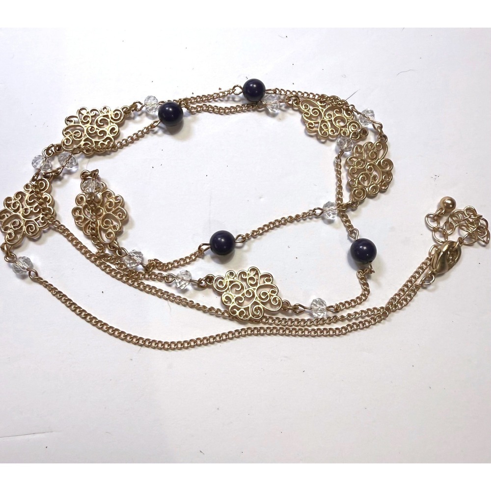 Gold Tone Filigree Station Necklace Navy Blue Beads Clear Crystals Layered 36in